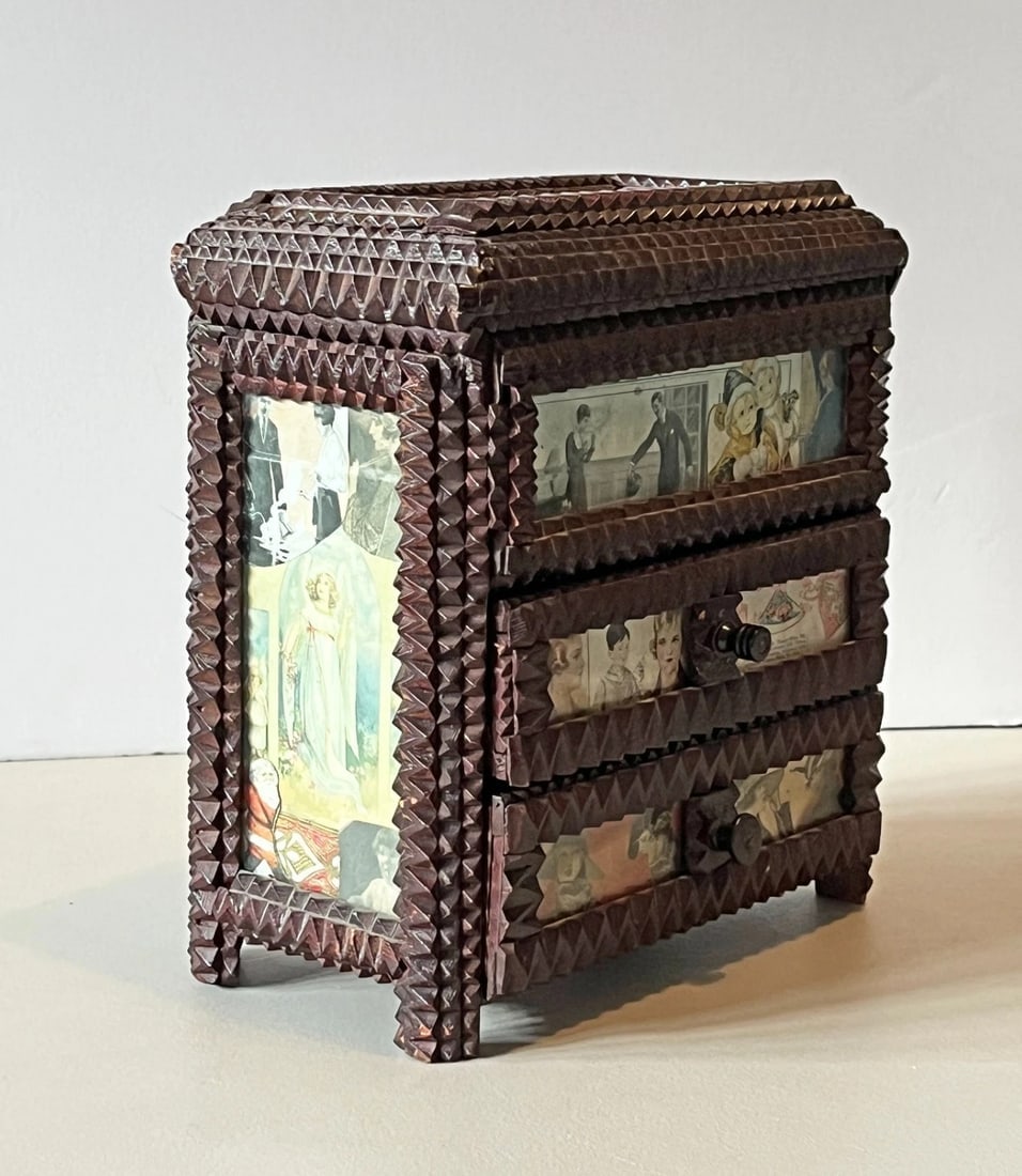 Tramp Art Chest with Decoupage Illustrations Under Glass Lift-top & Drawers 1920 - 3