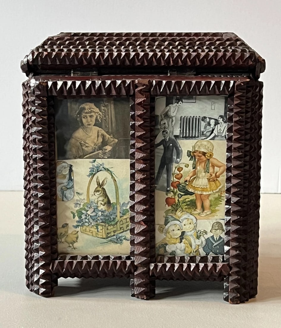 Tramp Art Chest with Decoupage Illustrations Under Glass Lift-top & Drawers 1920 - 7