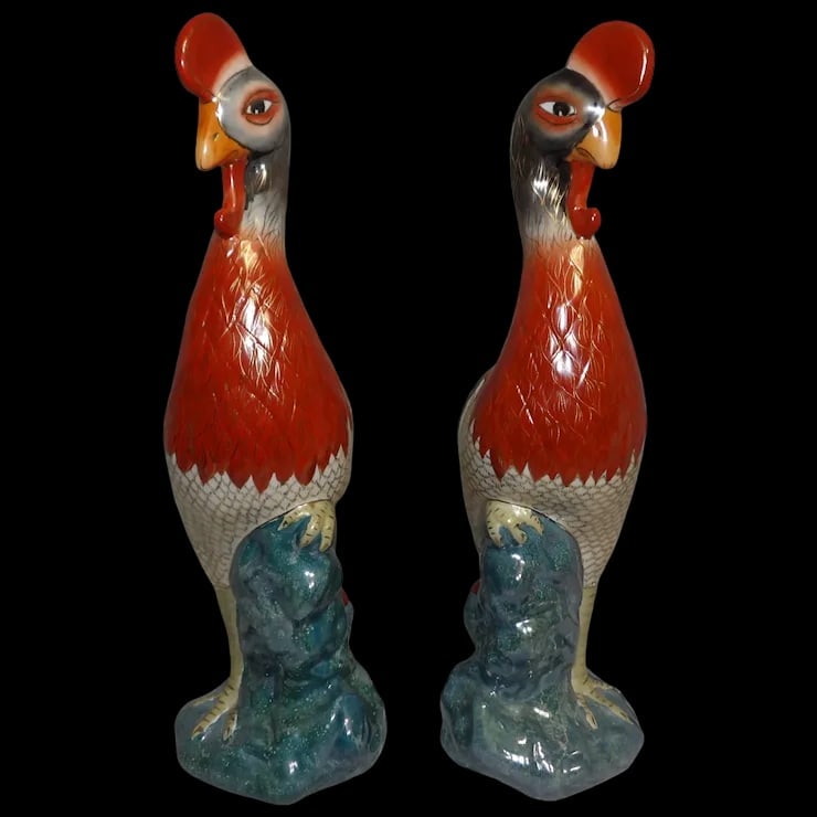 Pair of 17” tall Japanese Showa Period Kutani Bird Statues: This Pair of 17” tall Japanese Showa Period Kutani Bird Statues are in excellent condition. NO chips, cracks, color problems etc. Very hard to find one let at least a pair of these birds. The ba