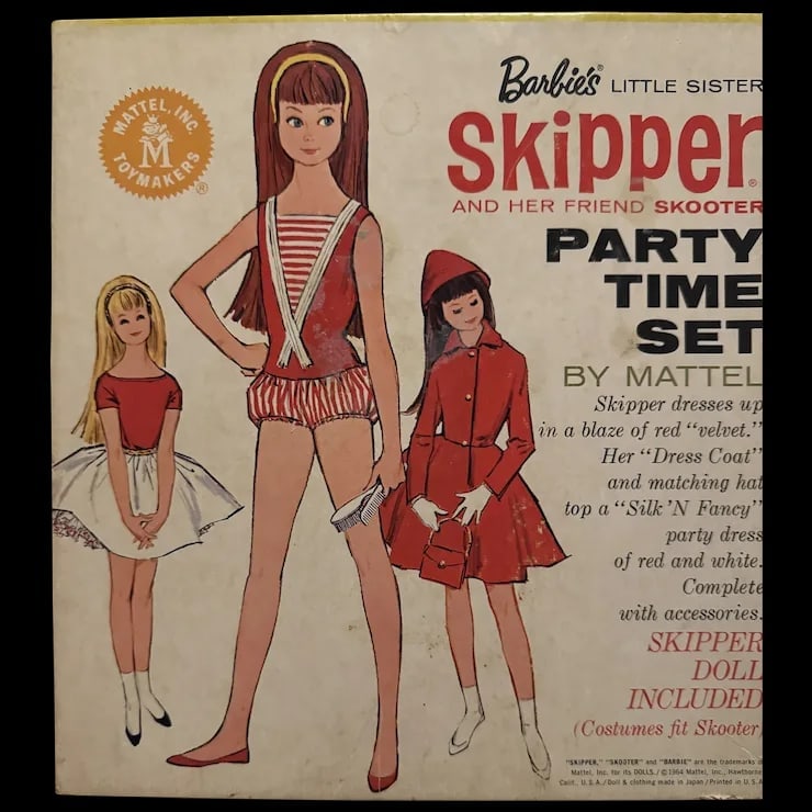 Barbie’s Little Sister Skipper Party Time boxed Set by Mattel including doll/outfits: Barbie’s Little Sister Skipper and her friend Skooter Party Time Set by Mattel. Vintage 1964 set with brunette straight leg Skipper hair is xtra full and shiny. Doll and clothes do not appear to