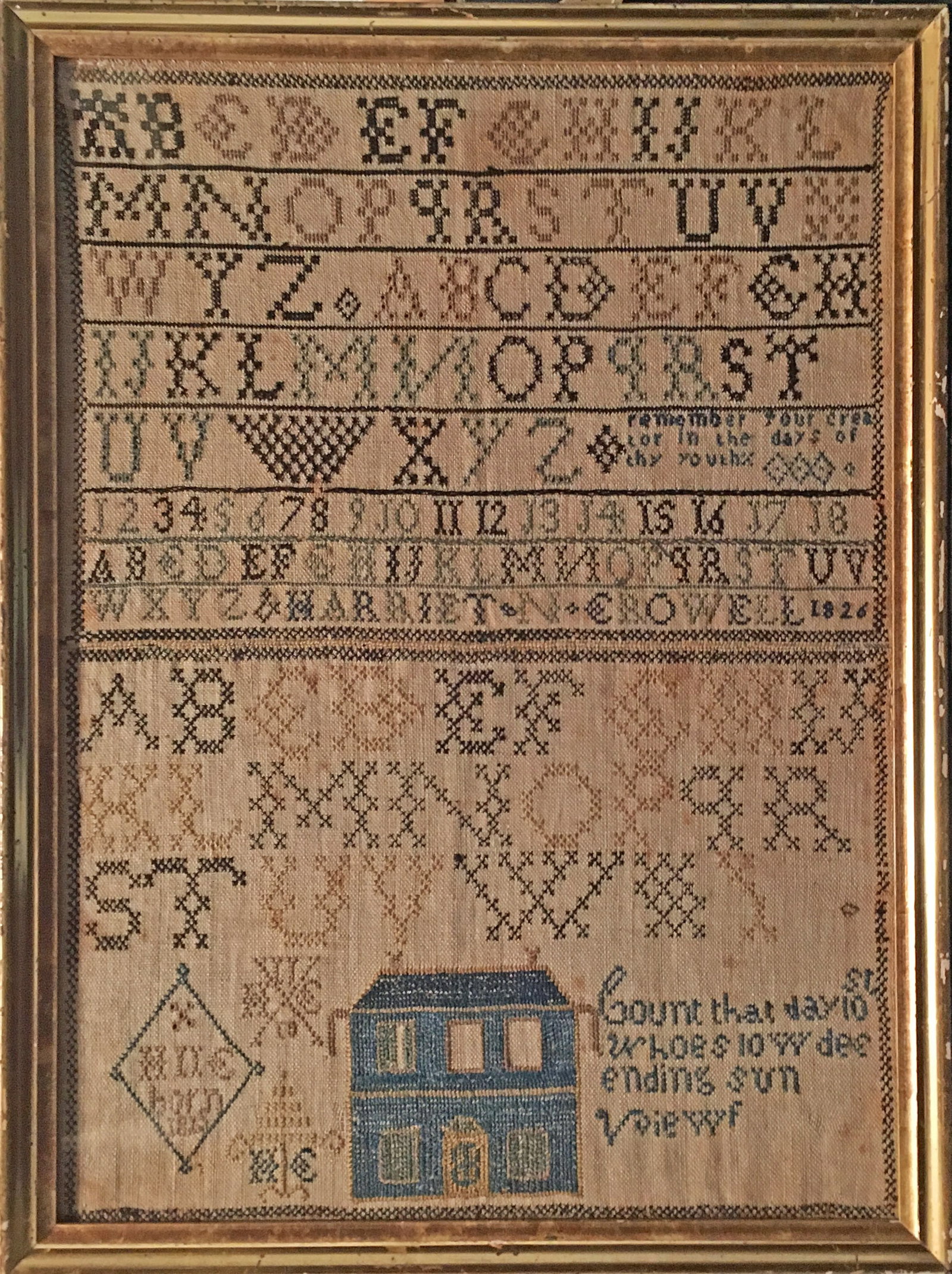 NEEDLEWORK HOUSE SAMPLER by HARRIET CROWELL, EAST HADDAM, CT 1826 (1 of 1)
