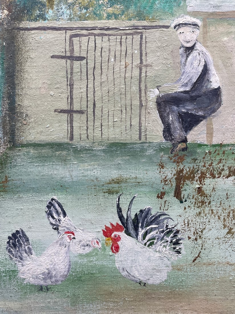 1962 PA FOLK ART Farm Scene w Chickens PAINTING C. REINHOLD Oil Painting Framed - 3