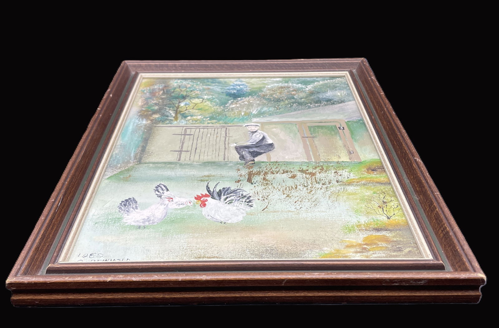 1962 PA FOLK ART Farm Scene w Chickens PAINTING C. REINHOLD Oil Painting Framed - 5