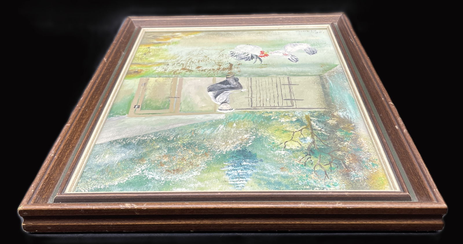 1962 PA FOLK ART Farm Scene w Chickens PAINTING C. REINHOLD Oil Painting Framed - 6