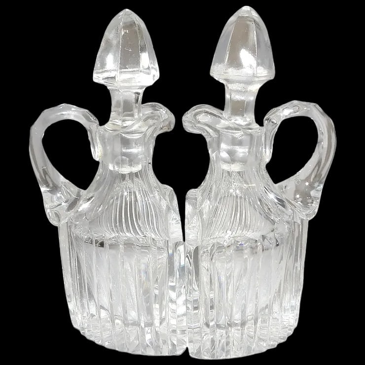 RARE Antique Pair of Flint Glass Flat Sided Cruets: This RARE Antique Pair of Flint Glass Flat Sided Cruets glow apple green under black light. They are in excellent condition. No chips, stains, etc. I did not find another pair like them. They measure