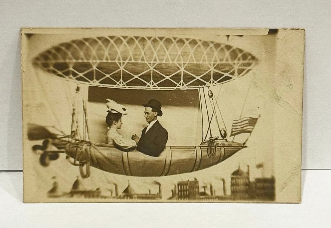 RPPC Real Photo Postcard Couple on Fantasy Flying Ship American Flag Circa 1900 - 2