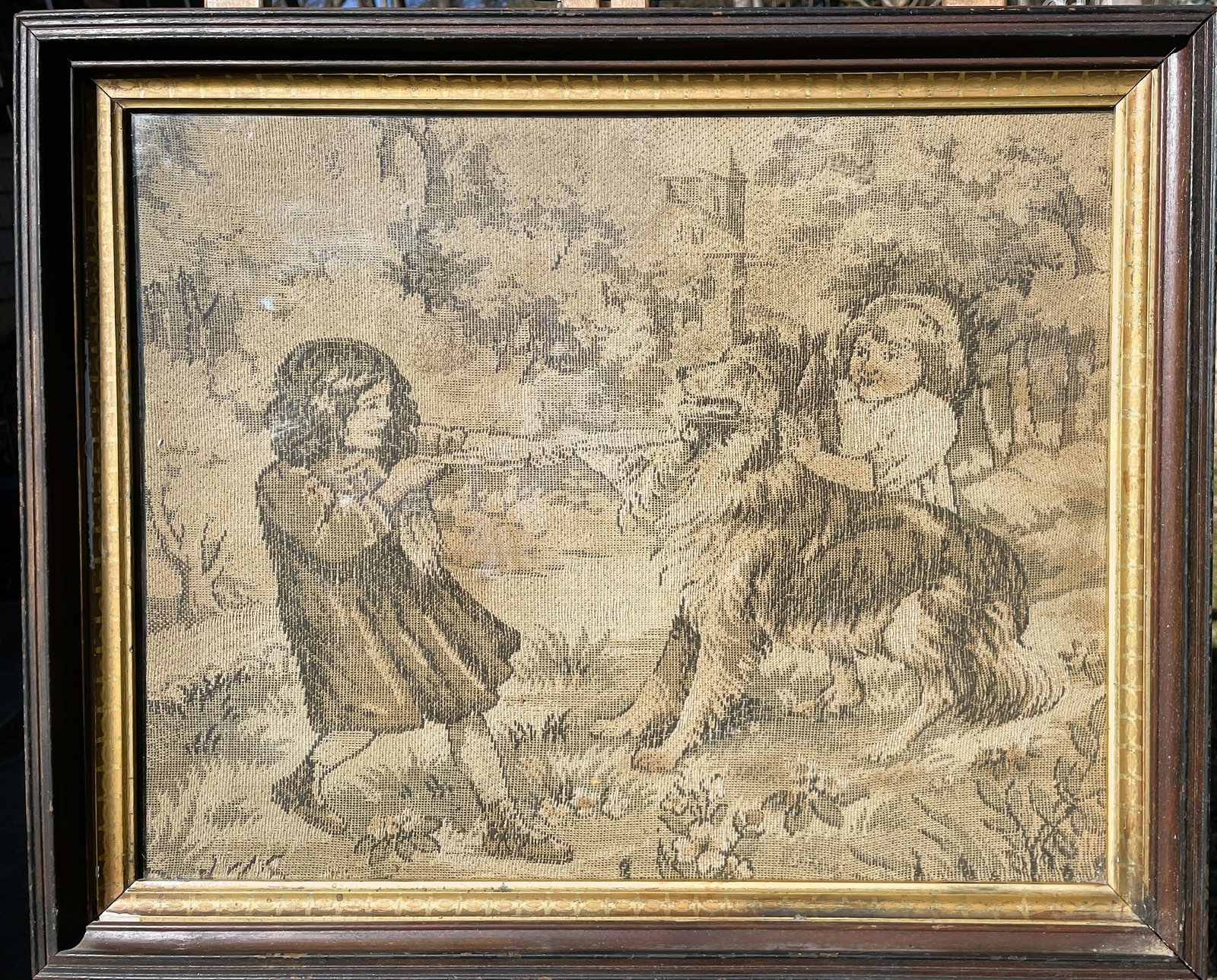 Antique Tapestry Children with Collie Dog Framed: Date/Period: unknownDimension: Approx 21 x 17.25Material: Additional Information: Antique Tapestry Children with Collie Dog Framed Shipping:Domestic: Flat-rate of $25.00 to anywhere within the