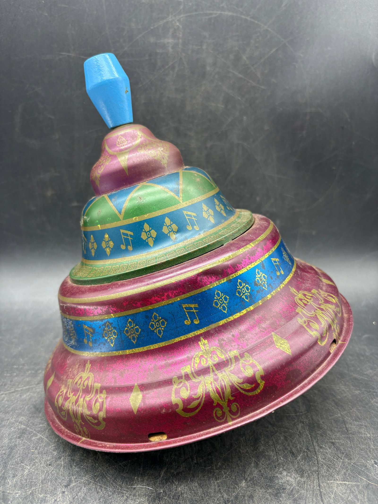 Vintage Ohio Art Spinning Top Tin Litho: Date/Period: Approx. 1960's Dimension: Approx. 8.5" x 8" wide Material: metal, wood Additional Information: Vintage Ohio Art Spinning Top Tin Litho Shipping: Domestic: Flat-rate of $12.00 to anyw