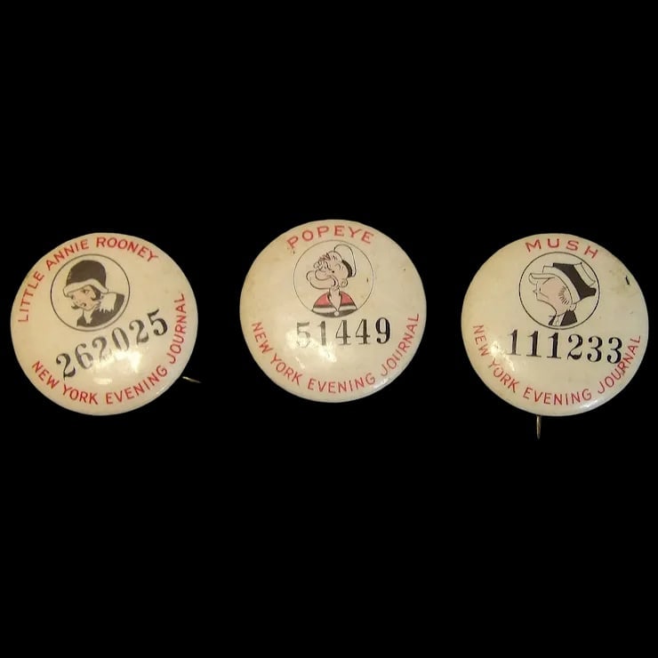 New York Evening Journal Pinback Button of Little Annie Rooney, Mush, and Popeye (1 of 5)