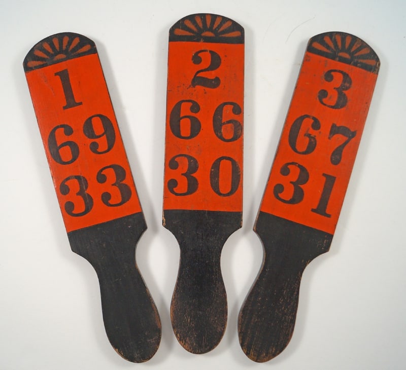 3 Wooden Carnival Game Wheel Betting Paddles : Title: 3 Wooden Carnival Game Wheel Betting Paddles Dimension: 10” longDate: Ca. 1900-20’s.Additional Information: Exceptional refined wooden Antique Carnival, Circus Game Wheel
