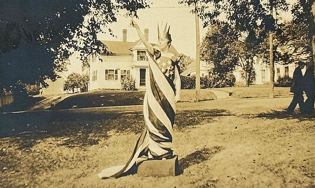 RPPC Real Photo Postcard Woman Draped in American Flag Miss Liberty Joffrey, NH: Title: RPPC Real Photo Postcard Woman Draped in American Flag Miss Liberty Joffrey, NHDescription: Patriotic real photo postcard of a woman dressed as Lady Liberty draped in an American Flag and