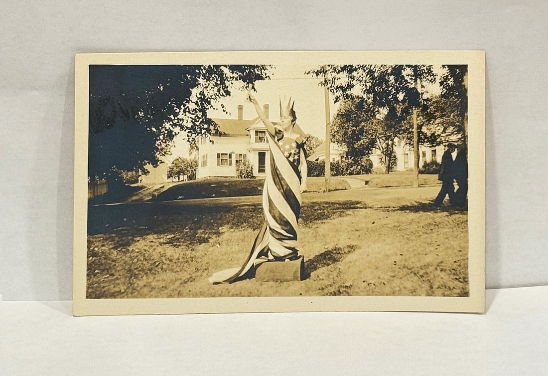 RPPC Real Photo Postcard Woman Draped in American Flag Miss Liberty Joffrey, NH - 2
