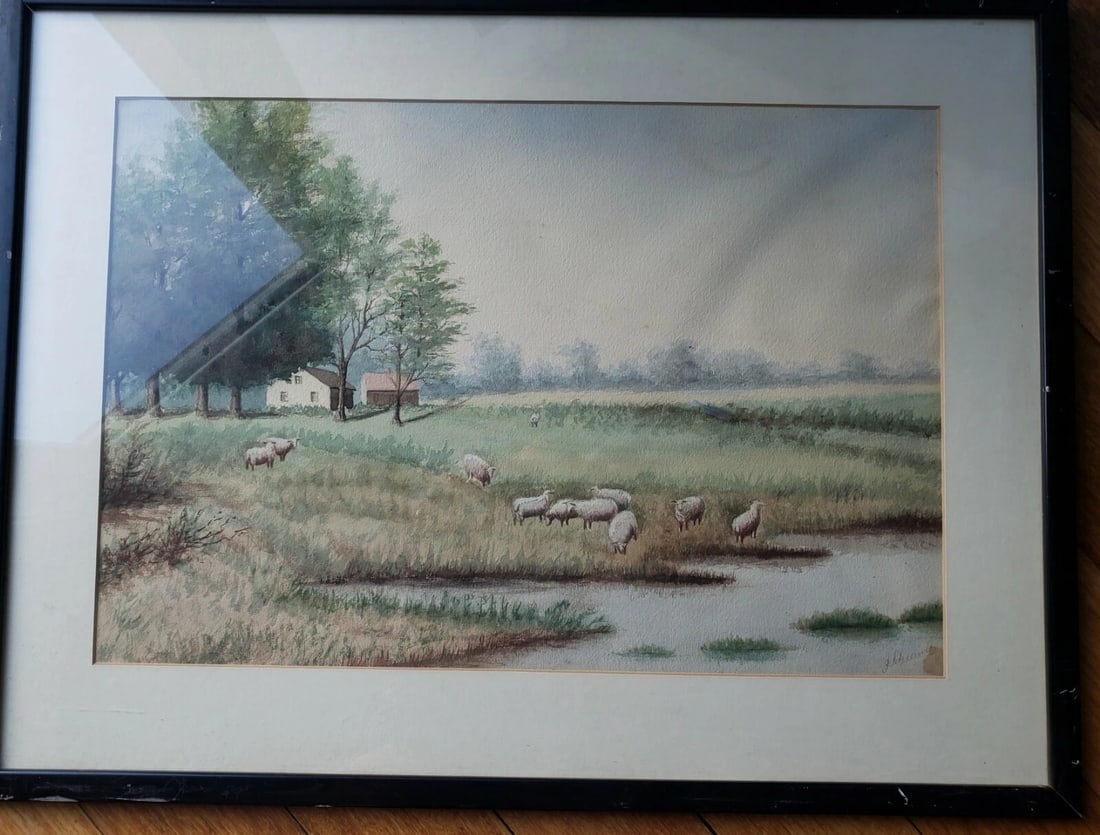 J. Schmidt watercolor sheep farm 19th century: Well done piece with great colors . Purchased in New England. Measures approximately 14 x 16" and 19 x25" framed. Shipping charges include insurance. Shipping:Domestic: Flat-rate of $60.00 to