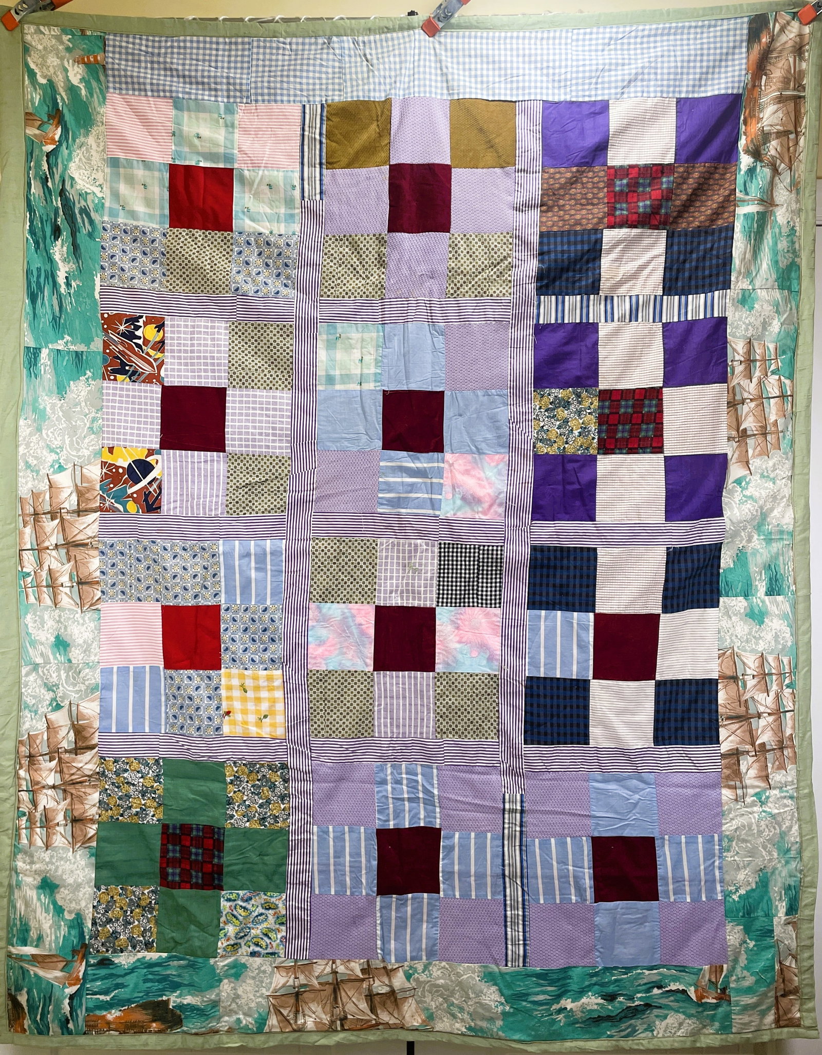 Vintage Patchwork Quilt Checkerboard Design, Sailing Ships Border 82" x 65": Date/Period: unknown Dimension: Approx. 82" x 65" Material: fabric Additional Information: This Vintage Patchwork Quilt features a checkerboard design with intricate sailing ship borders, adding a uni