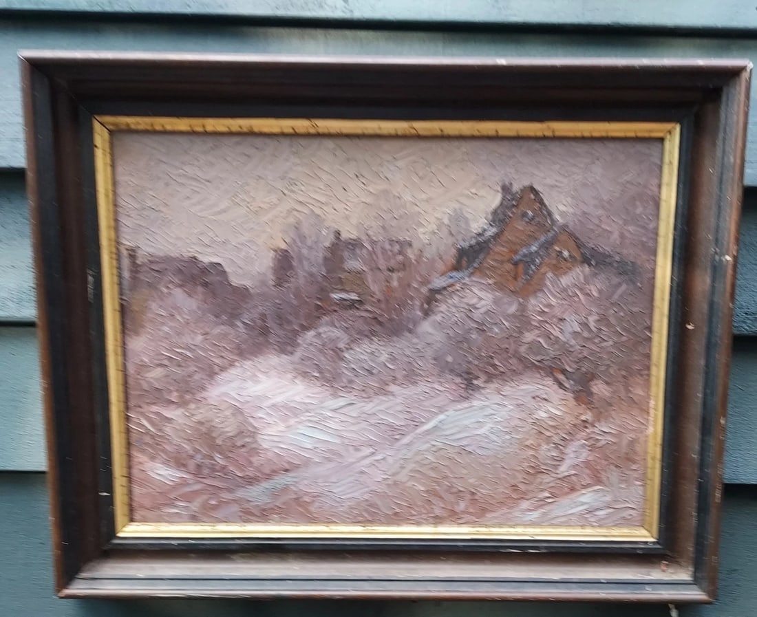 oil painting 1920 Impressionist House On Hill: Great looking piece in excellent condition. Oil on board . Measures 12 x16" without frame. Shipping charges include insurance. Shipping: Domestic: Flat-rate of $35.00 to anywhere within the conti
