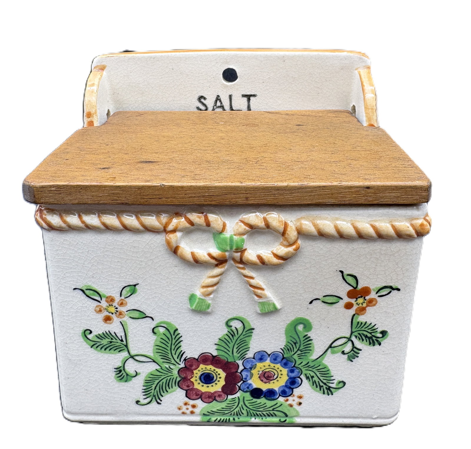 Vintage Made In Japan Ceramic Hanging Salt Box With Wooden Lid (1 of 8)