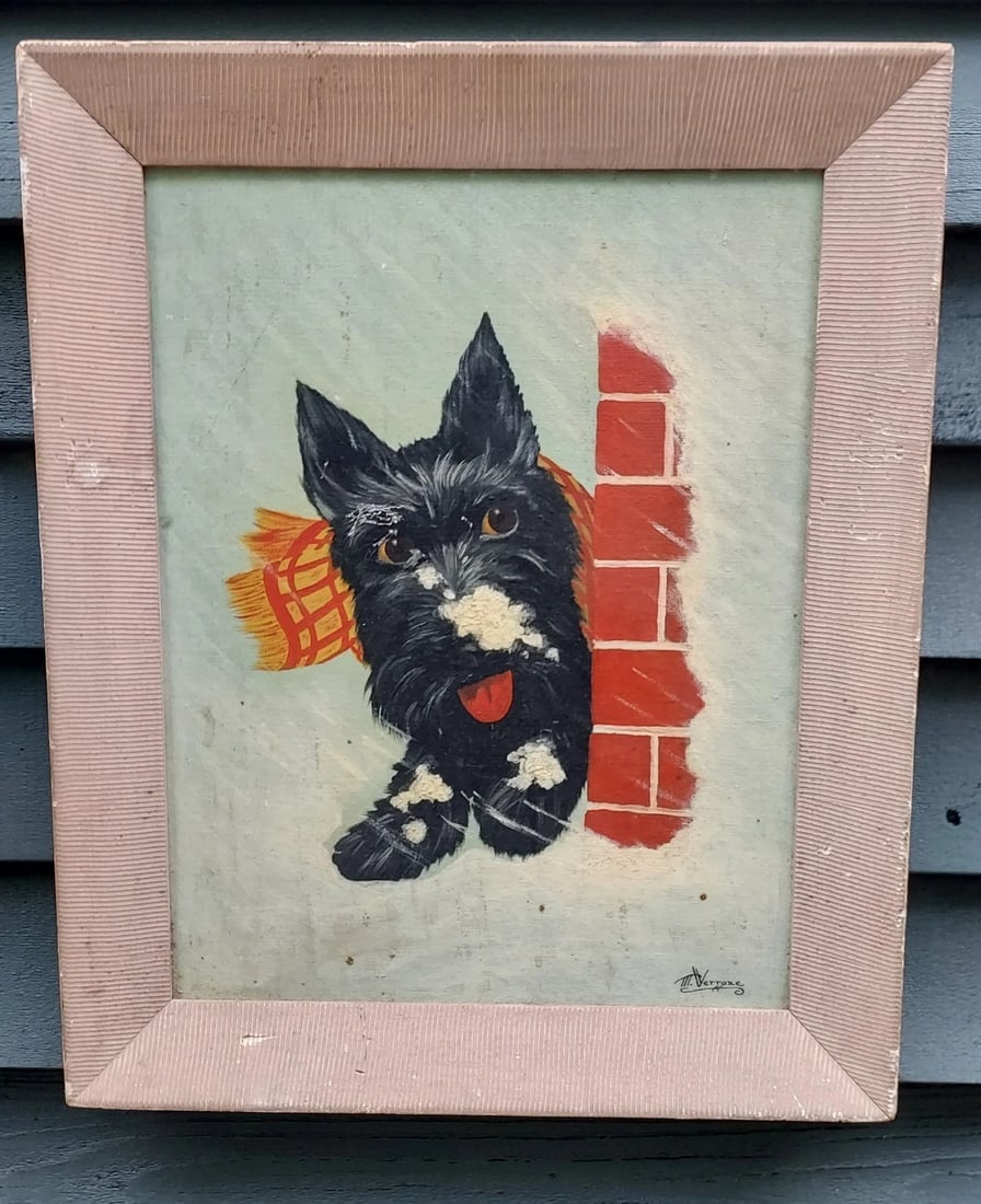 Scotty Dog oil painting Snow On Nose Illustration 1950: Great looking piece in excellent condition. . Painted on board. Appears to be an illustration. Measures 14 x 16" plus frame. . Shipping charges include insurance. Shipping:Domestic: Flat-rate of