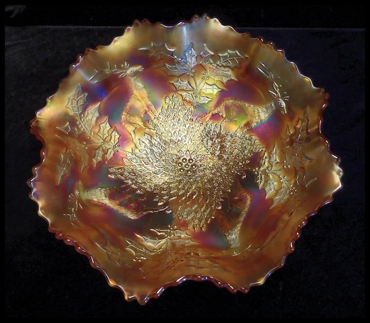 Antique Fenton Carnival Glass Stag and Holly Large Crimped Bowl - 4