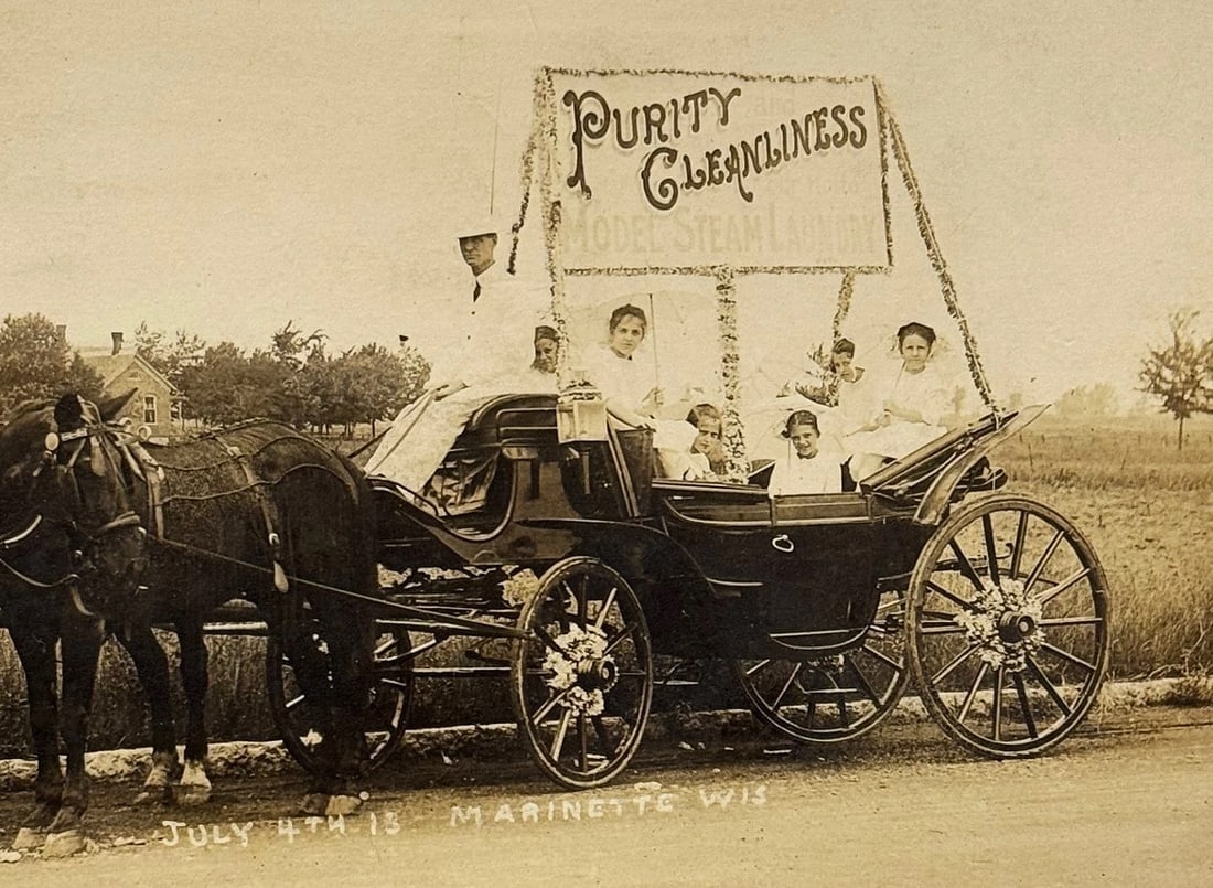 RPPC Real Photo Postcard Women Horse Drawn Parade Float 'Purity Cleanliness 1900: Real photo postcard depicting a horse drawn parade float of women and young girls with the pronounced banner - 'Purity Cleanliness'. I believe this is a reference to the Social Purity Movement, a
