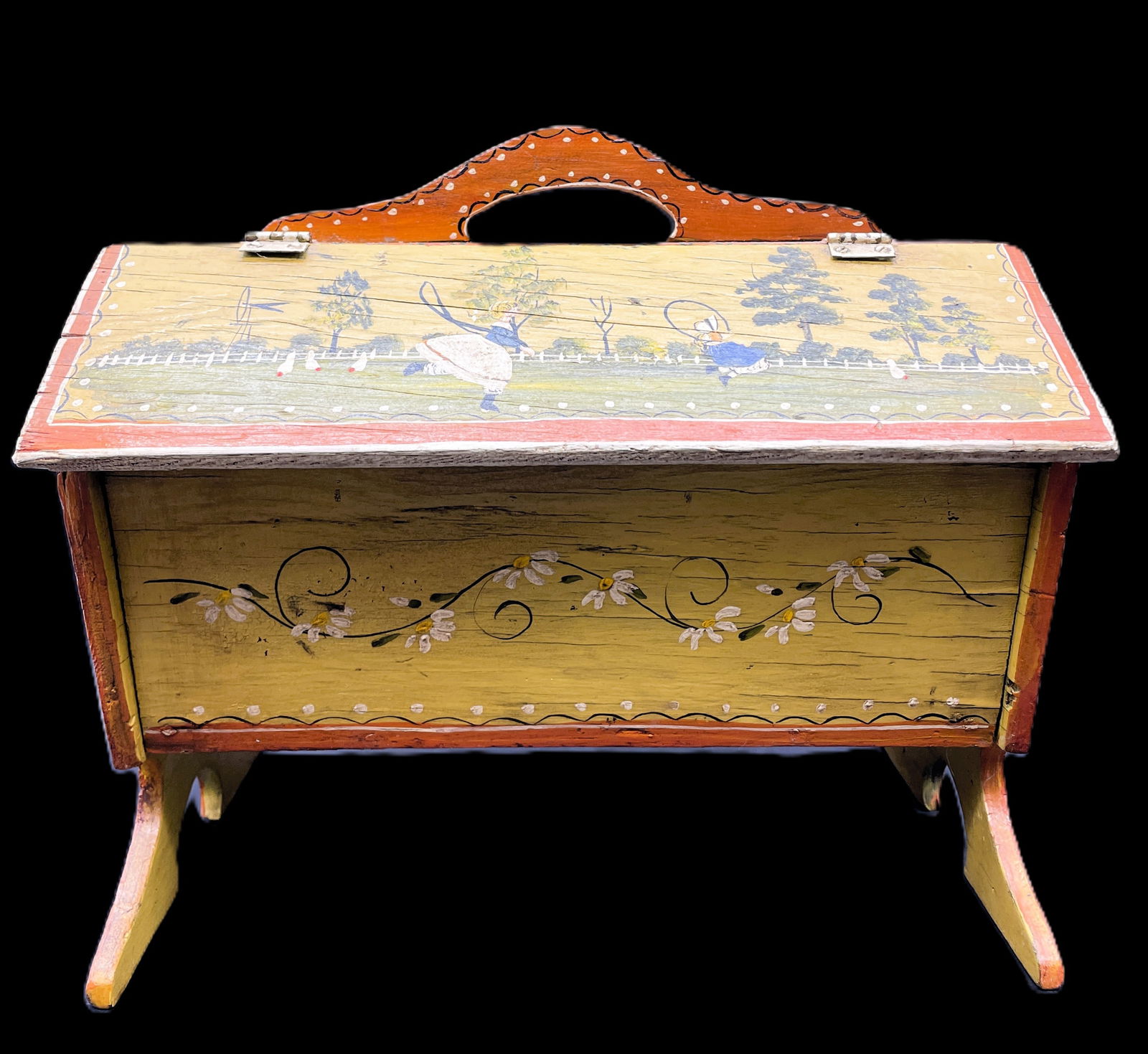 Primitive Folk Art Tole Painted Hand Made Wood Sew/Knit Box Signed (1 of 8)