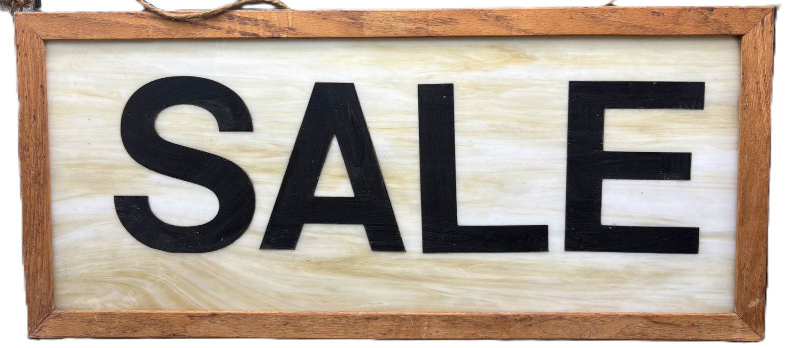 Vintage Slag Glass Window SALE 25" long: Date/Period: unknownDimension: Approx. 25" x 12"Material: glass, wood, vinylAdditional Information: Slag Glass Window SALE. The window is framed with a really pretty old wood. The sale letters were