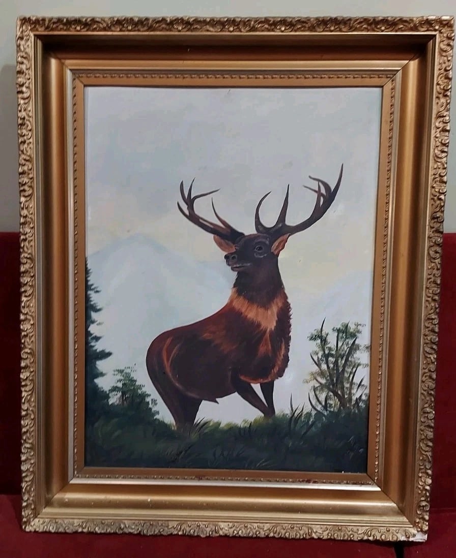 19th Century Elk oil painting on Board 1890 signed great Detail (1 of 5)
