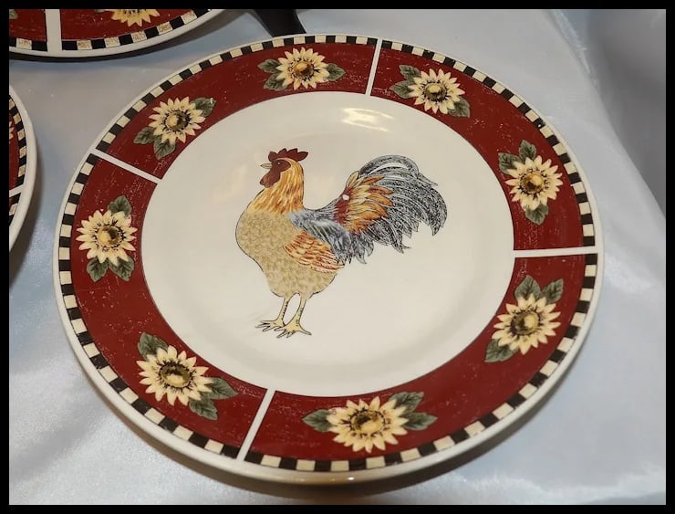 Gibson Brewster: Rooster w/ Sunflowers Set of 8 Large Plates, Bowls, Salad Plates - 4