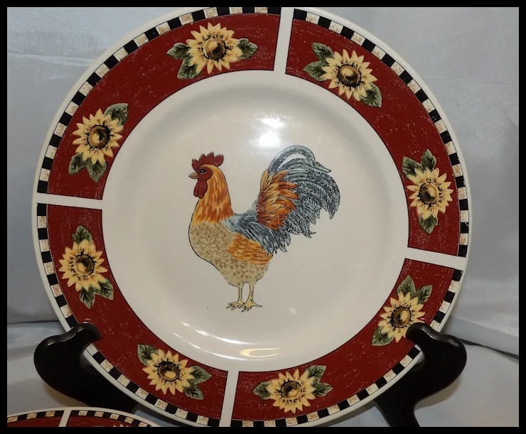 Gibson Brewster: Rooster w/ Sunflowers Set of 8 Large Plates, Bowls, Salad Plates - 5