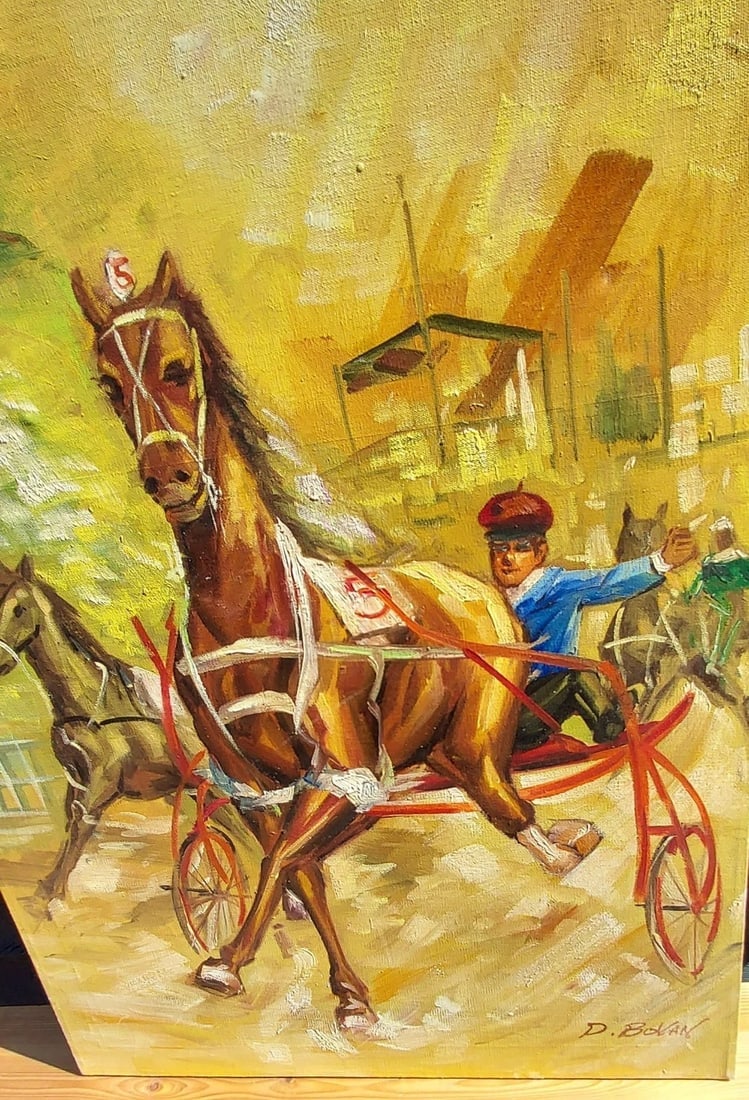 Oil painting harness horse racing 1970 signed D Bovan brilliant colors: Great looking piece in excellent condition. Love the colors on this one. Dates approximately 1970. I live 30 miles from Saratoga racetrack so has some infuence. Measures approximately 24 x 36 ".