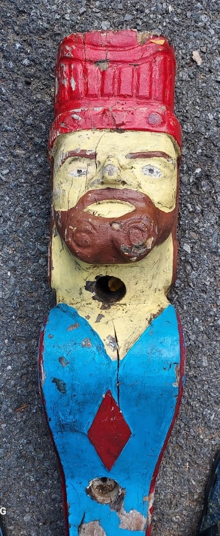 Carved King herod carousel figure carved oak 1920: I was told some time ago that this was a figure used in a carousel ride call KING HEROD. Definitely 75 to 100 years old. A glue repair on the bottom. Repainted a few times. Measure Approximately 10"