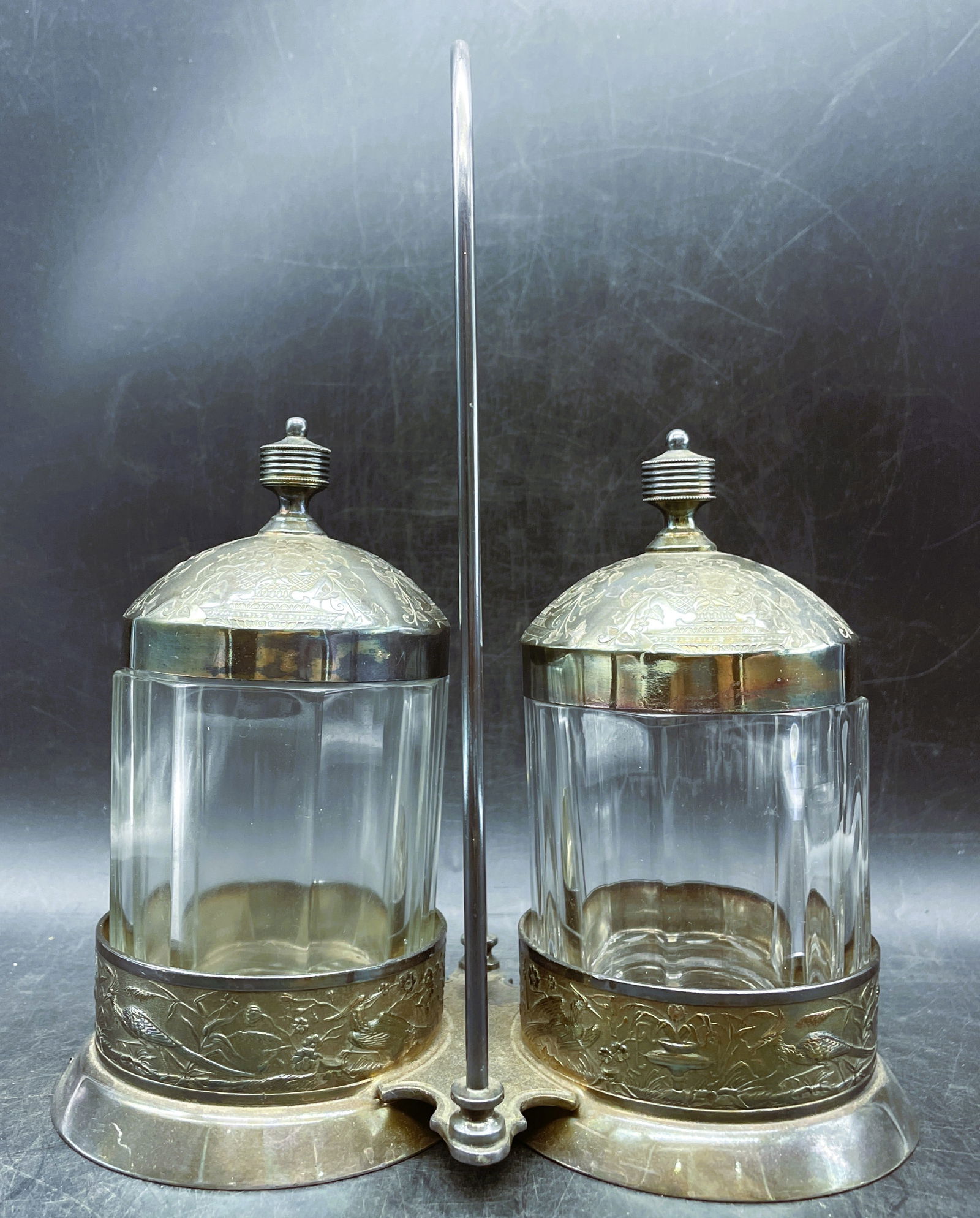 Victorian Silver Plated Double Pickle Castor Ivy, Birds: Date/Period: Approx early 1900'sDimension: Approx. 10" tall x 8" x 4"Material: silver plated and glassAdditional Information: Victorian Silver Plated Double Pickle Castor Shipping:Domestic: