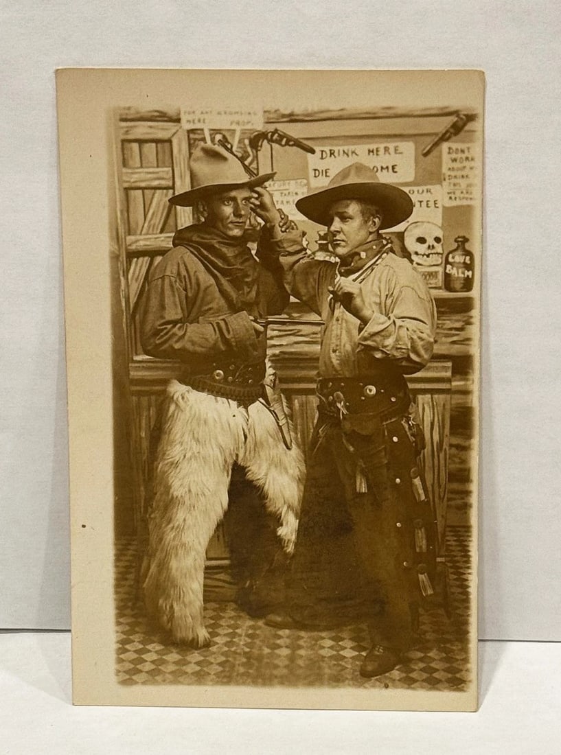RPPC Real Photo Postcard Studio Cowboys 'Drink Here Die Home' Fun Card 1900 - 2