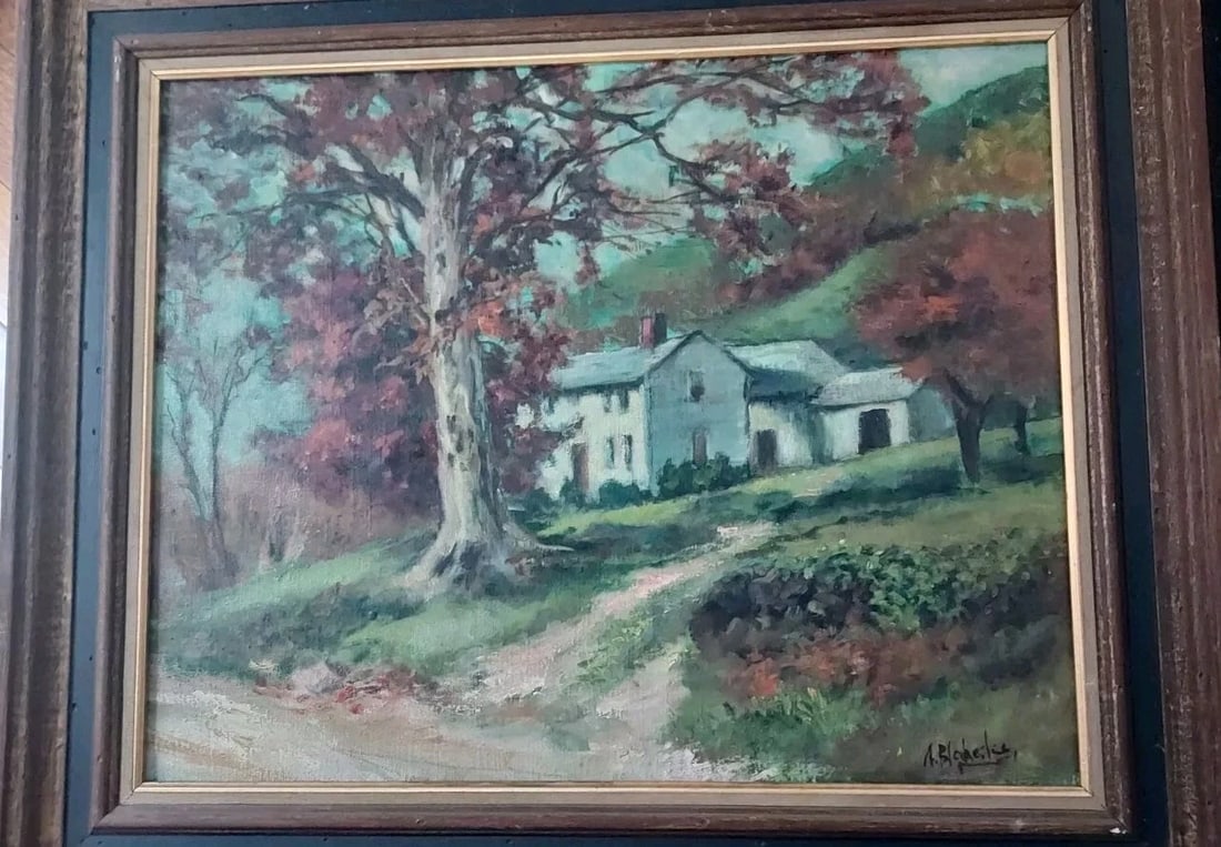 1908 Oil painting farmhouse, gorgeous colors impression Alice Blakeslee: Great looking piece in excellent condition. Great colors, lighting. Details from back date to 1908. Most likely painted by Alice Blakeslee aka Alice Carey. Measures approximately 20 x 24" plus frame.