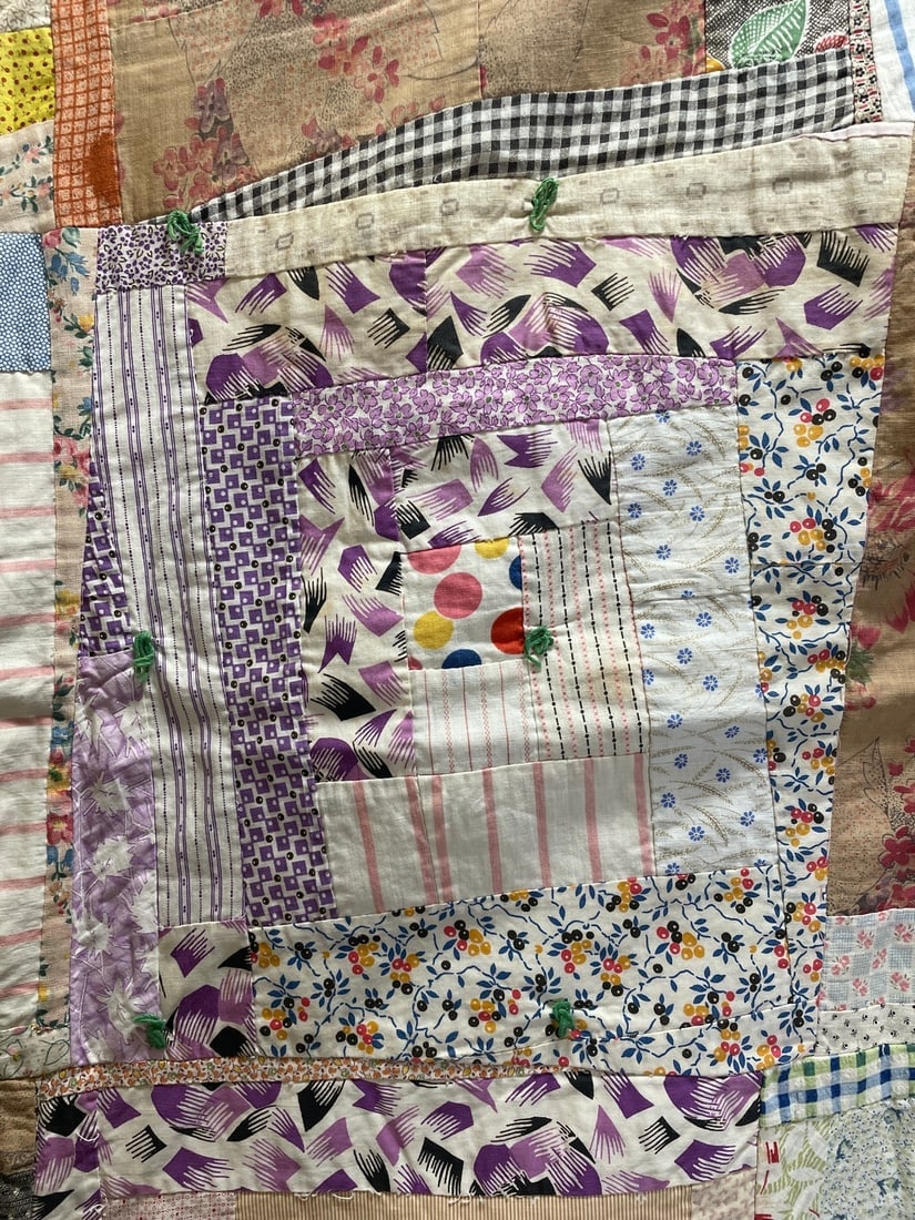 Primitive Quilt 66" x 60" Patchwork with Polka Dot Centers - 3