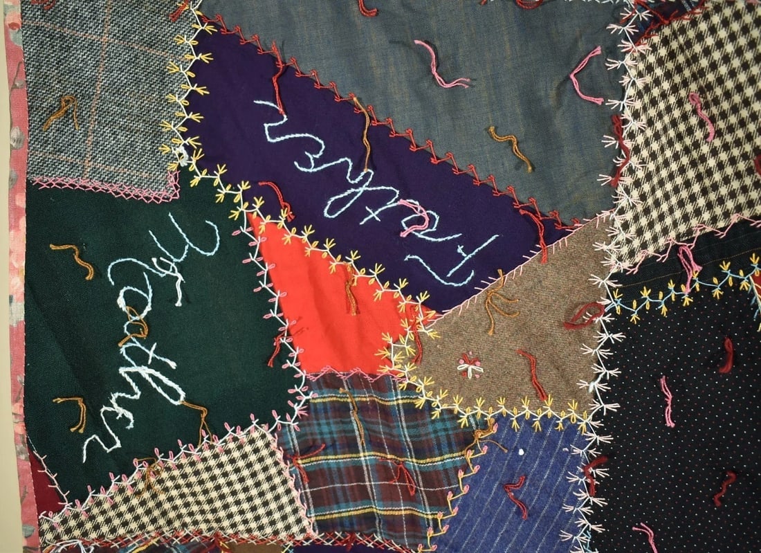 Vintage Wool Crazy Quilt d. "1927" - 6