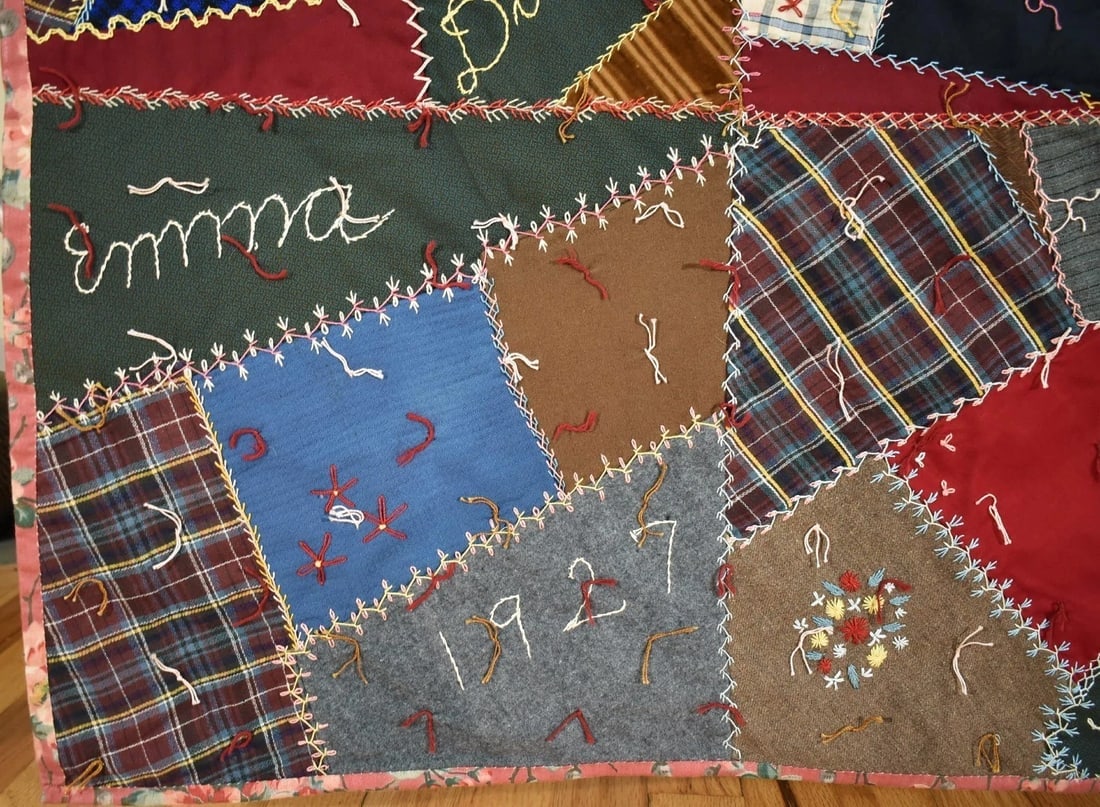 Vintage Wool Crazy Quilt d. "1927" - 8