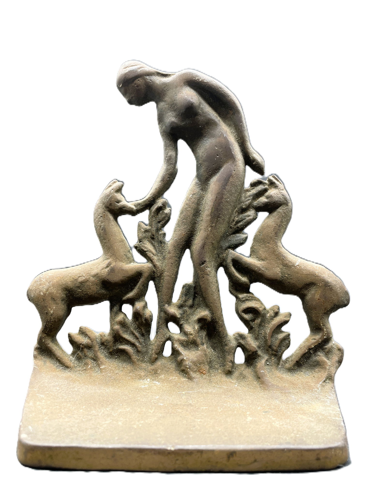Art Deco Nude Woman Deer ”Feeding the Fawns” c.1930 Bronzed Cast Iron Bookend: Date/Period: Approx. 1930Dimension: Approx. 6" tall x 5 x 2"Material: cast ironAdditional Information: ArtDeco Nude Woman Deer”Feeding the Fawns” c.1930 Bronzed Cast Iron Bookends Made by