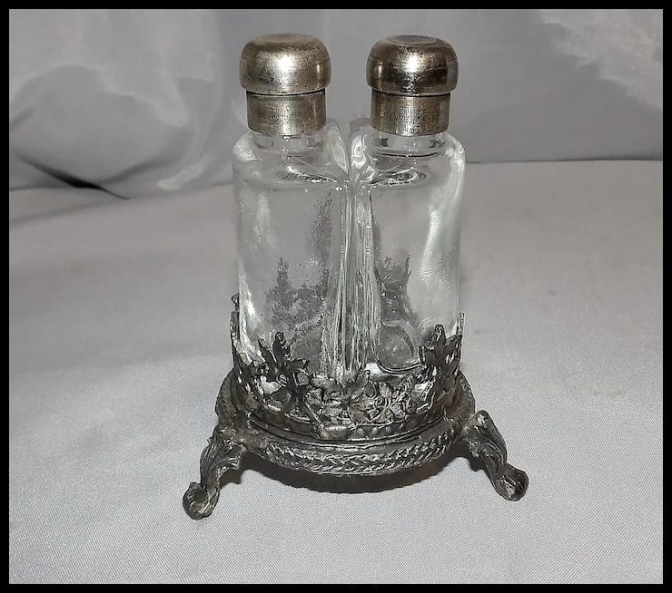Antique French Double Perfume Bottles with Pewter Stand - 2