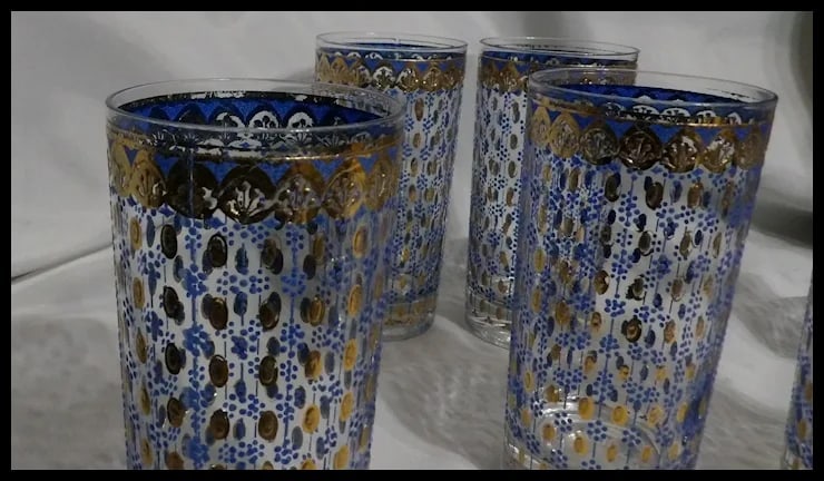 RARE Culver 22k Gold Blue Highball Glasses - 13