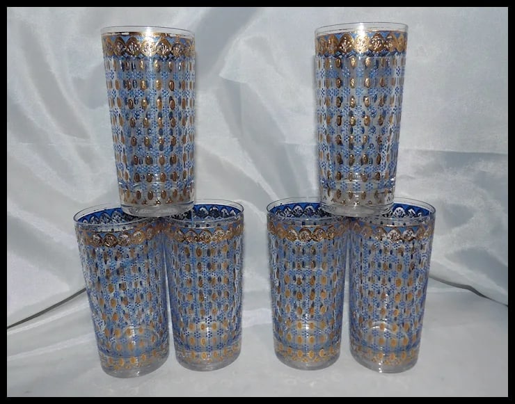 RARE Culver 22k Gold Blue Highball Glasses - 2