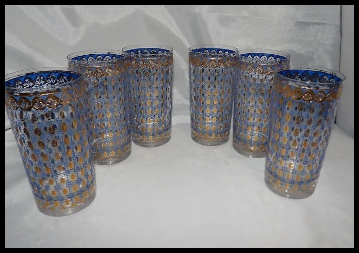 RARE Culver 22k Gold Blue Highball Glasses - 3