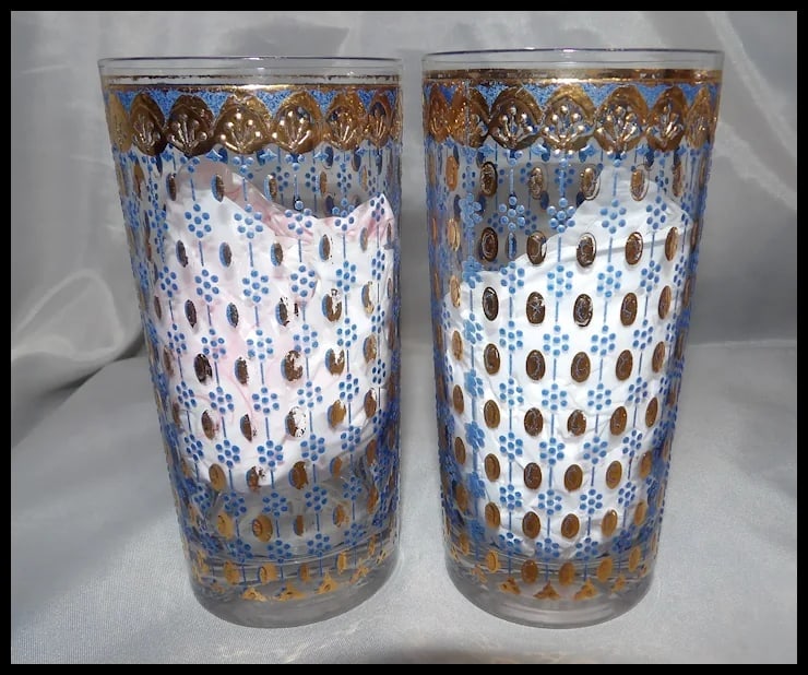 RARE Culver 22k Gold Blue Highball Glasses - 6