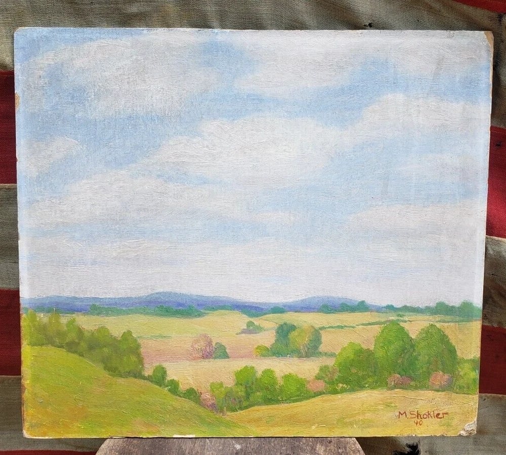 Morris Stokler(1893-1972) Oil Board Landscape Great Colors 1940 painting: Listed artist Morris Shokler but no records. Looks like Harry's work , who is well documented, but is sign M. Shokler. Lighting is great. Colors are great. Measures approximately 18 x 18". Shipping