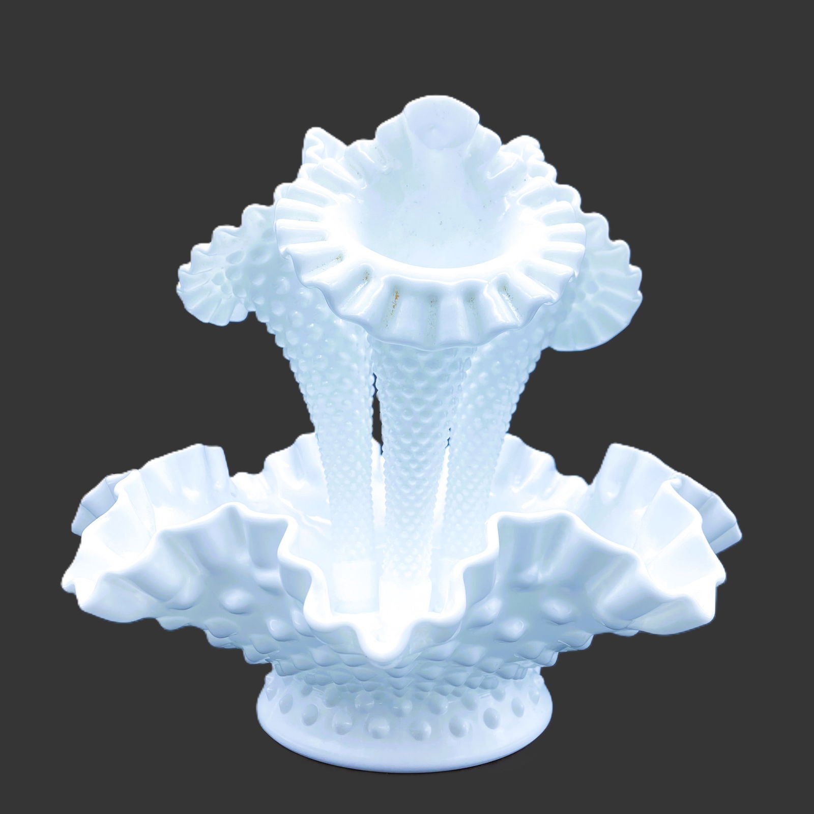 FENTON WHITE MILKGLASS HOBNAIL EPERGNE Tri Vase Ruffled Jack in Pulpit: Date/Period: unknownDimension: Base is approx 10" wide x 4" tall and the flutes are approx. 8" tall x 4 x 3"Material: glassAdditional Information: FENTON WHITE MILKGLASS HOBNAIL EPERGNE Tri Vase
