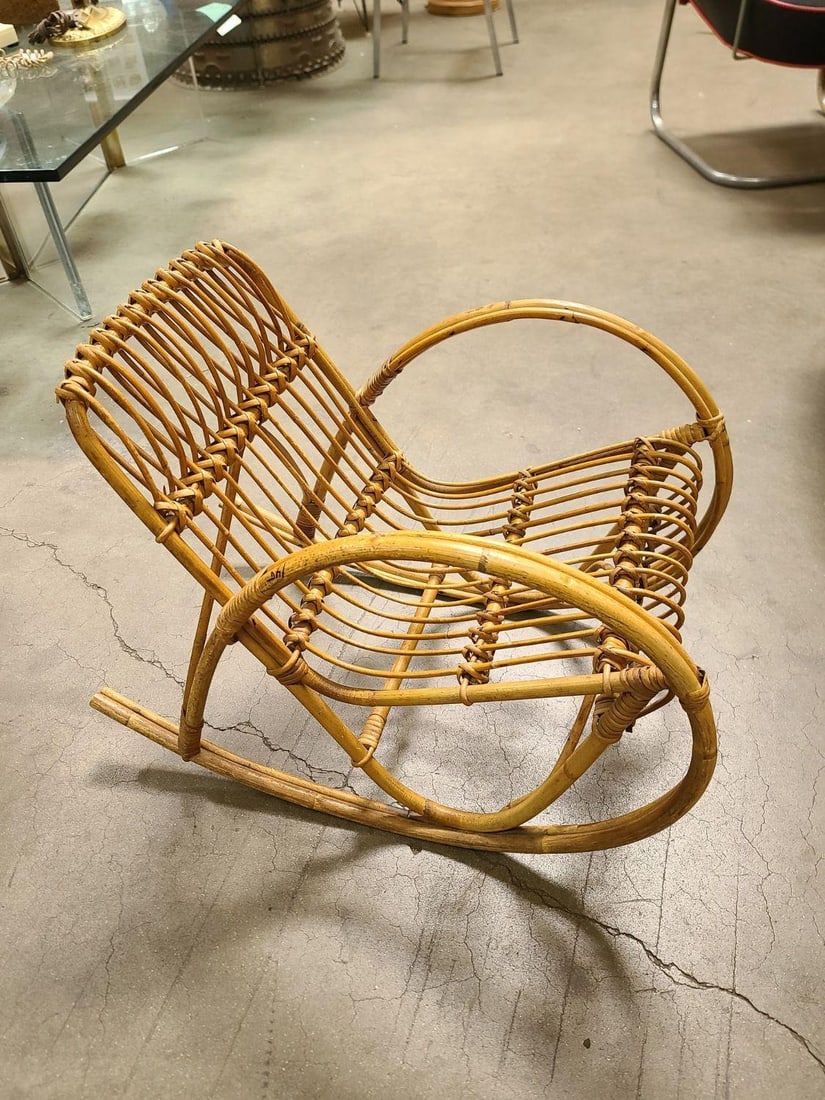 Restored Albini Style Child's Stick Reed Reed Rattan Rocking Chair - 16