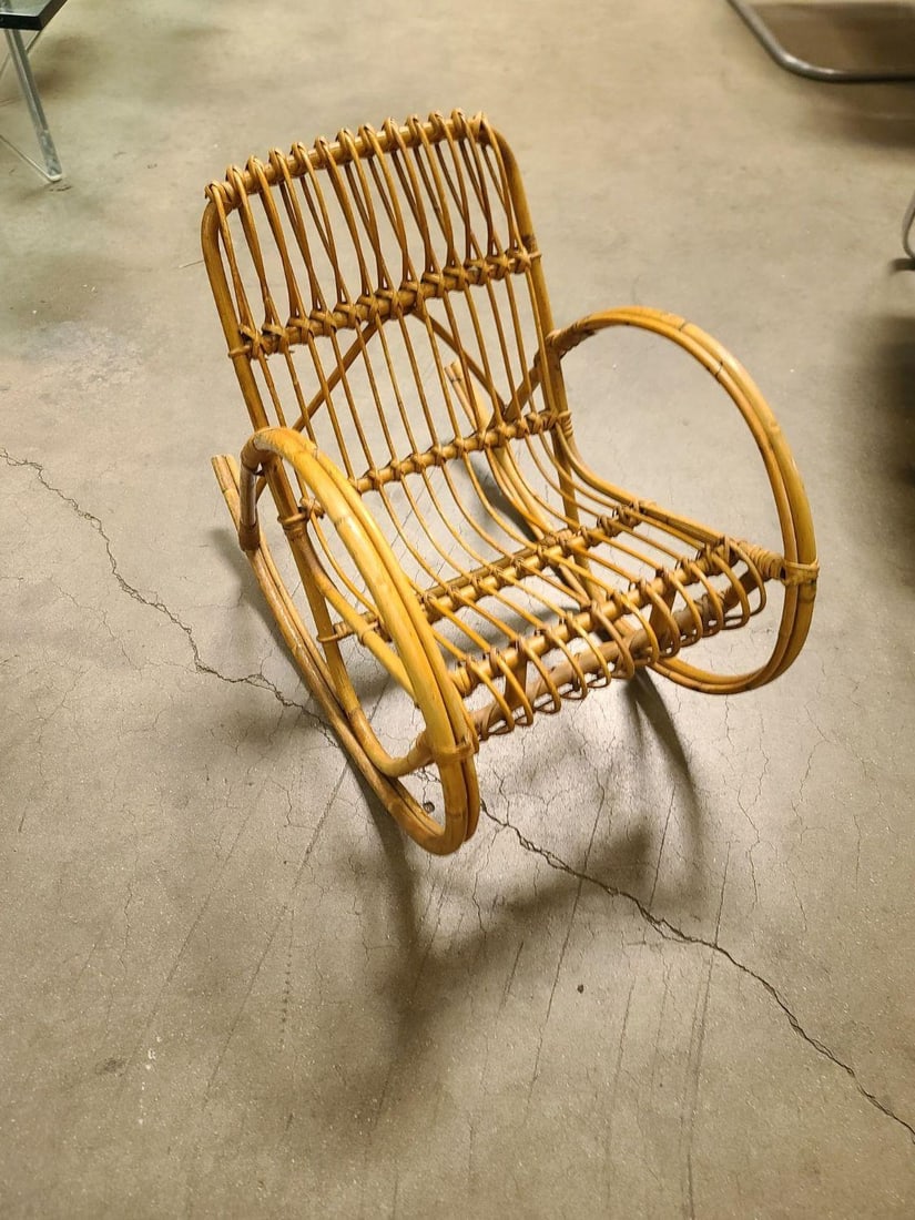 Restored Albini Style Child's Stick Reed Reed Rattan Rocking Chair - 9