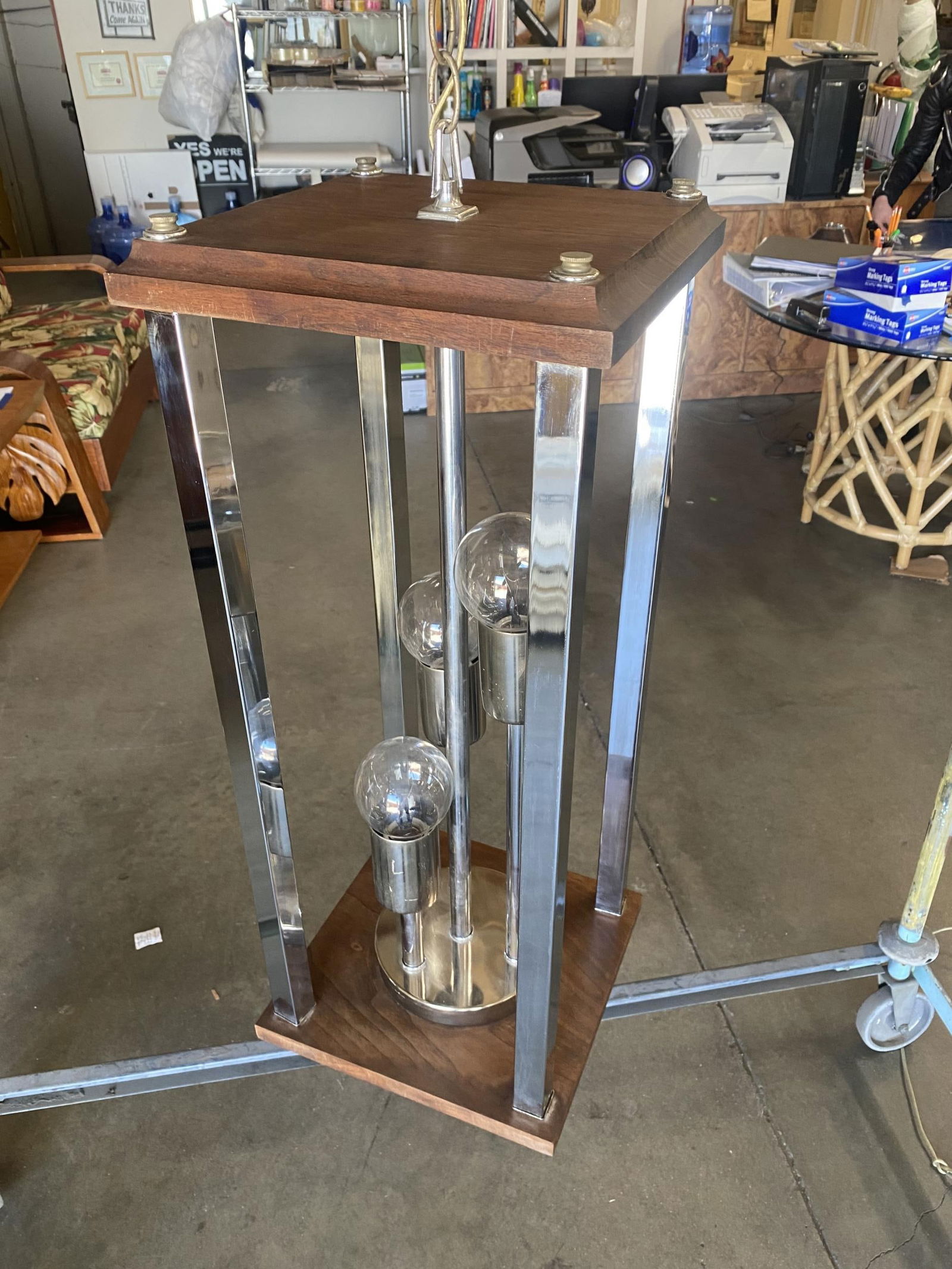 1970s Post Modern Teak and Chrome Pendant Light Fixture, Pair - 11