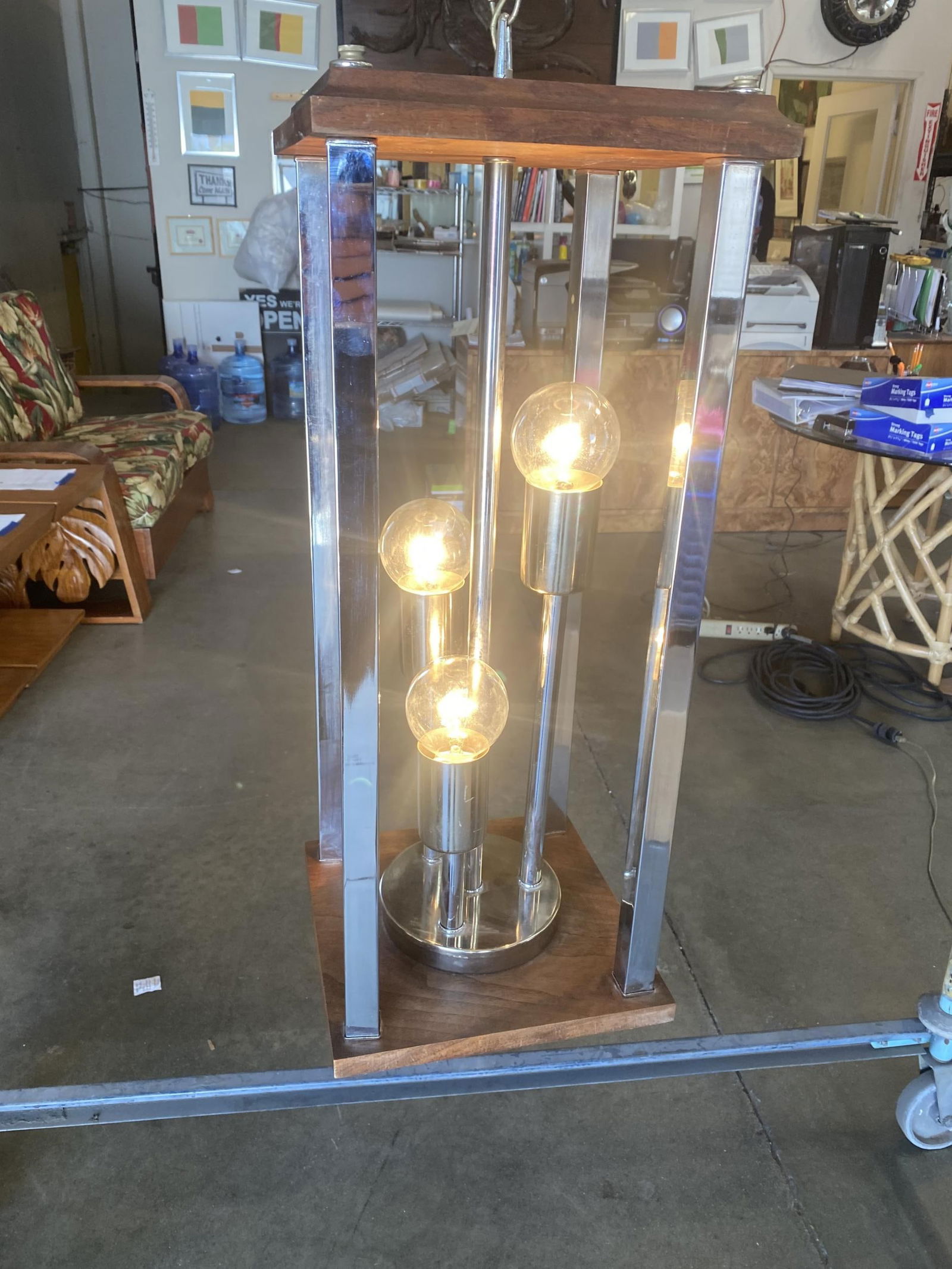 1970s Post Modern Teak and Chrome Pendant Light Fixture, Pair - 13