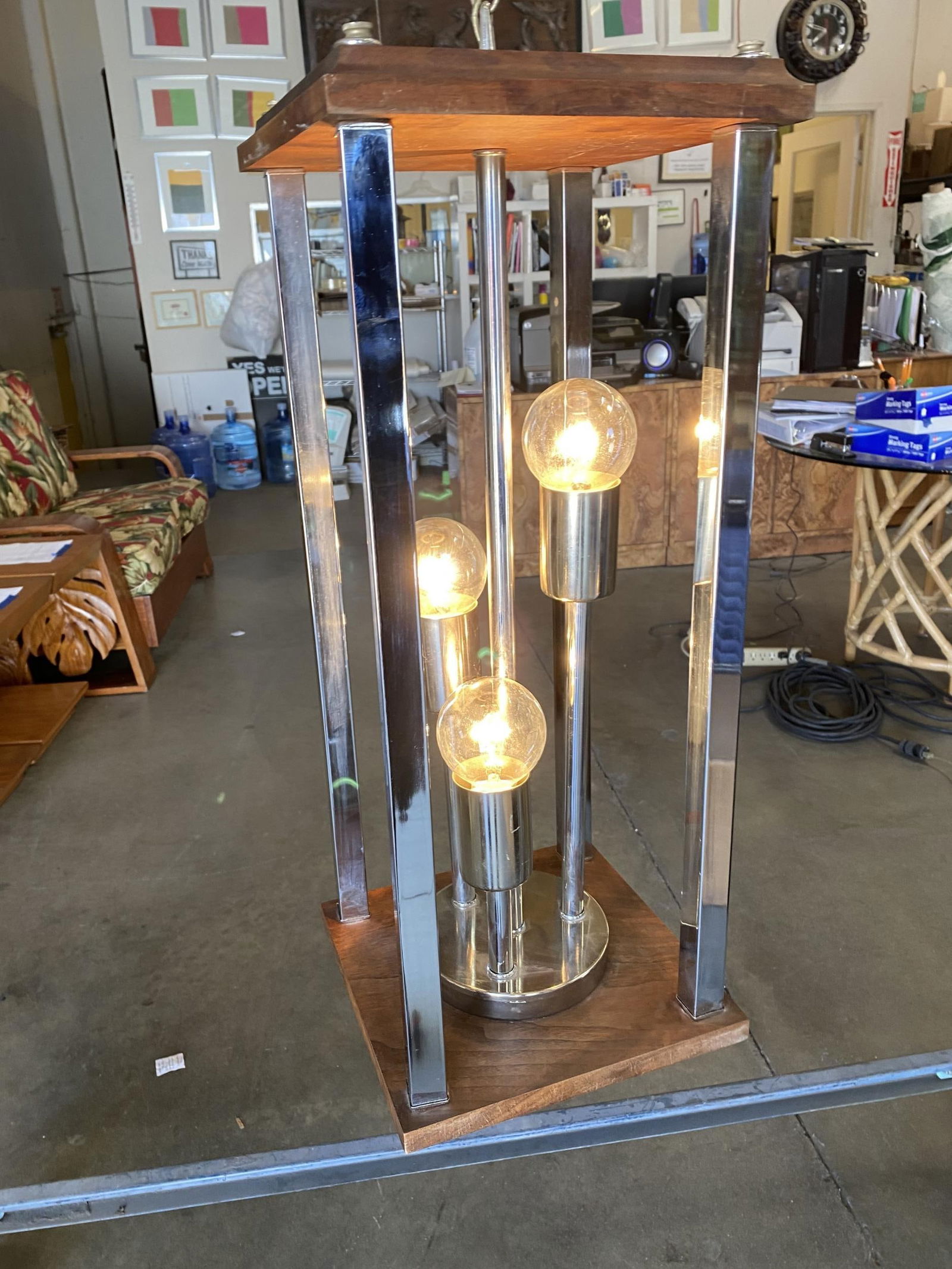 1970s Post Modern Teak and Chrome Pendant Light Fixture, Pair - 14