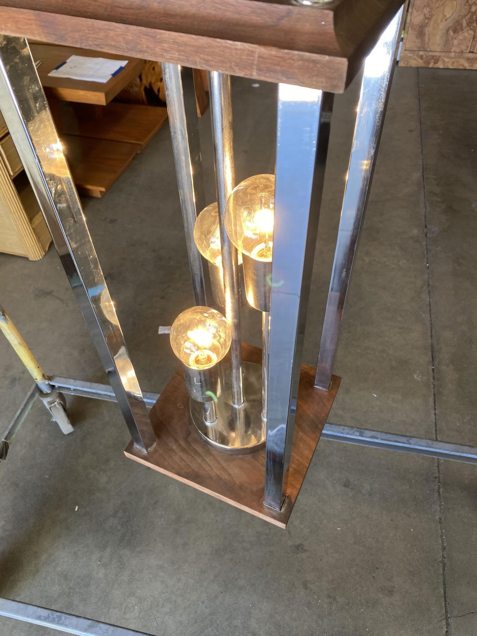 1970s Post Modern Teak and Chrome Pendant Light Fixture, Pair - 6
